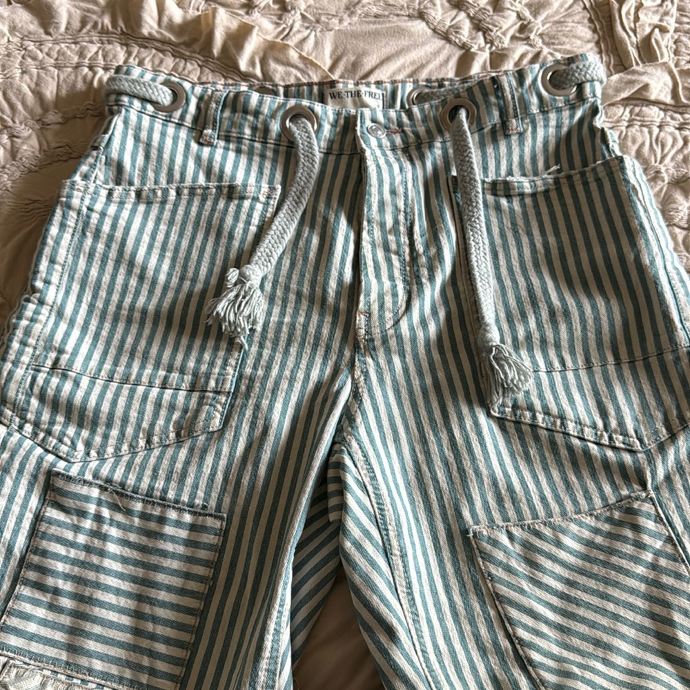 FREE PEOPLE RAILROAD LOW SLUNG JEANS - MINTY RAILROAD STRIPE - Picture 6 of 12